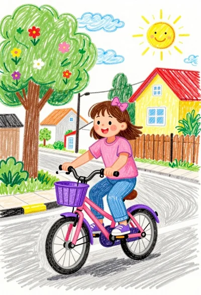 Cheerful young girl riding pink bicycle down sunny suburban street crayon drawing