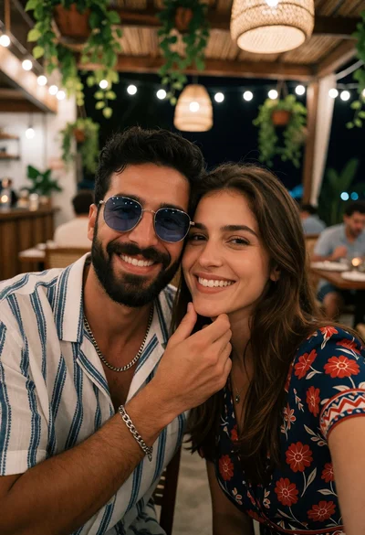 Close up selfie of smiling couple at outdoor restaurant patio at night