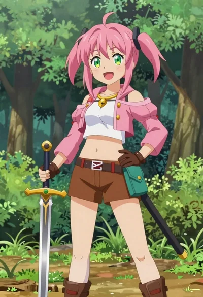 Anime girl adventurer with pink pigtails in sunlit forest