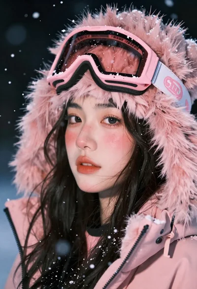 Closeup portrait of young woman in pink fur hood with ski goggles