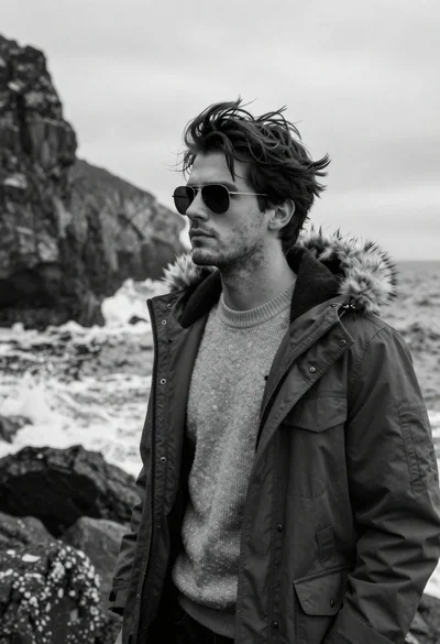 Monochrome portrait of a rugged man in parka on rocky coastline