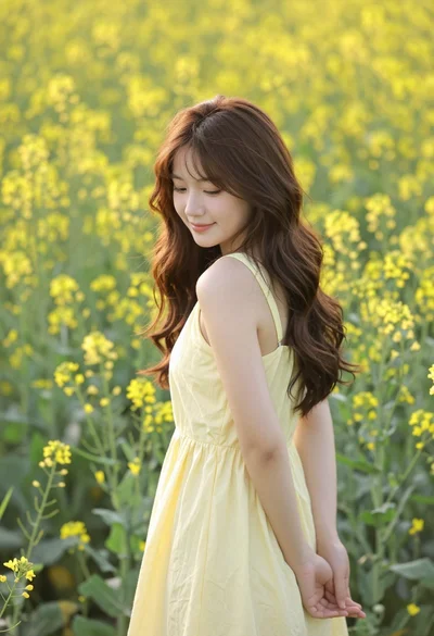 Young woman in yellow dress standing amidst dense field of wildflowers