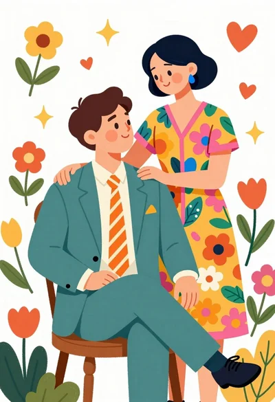 Illustration of loving couple in vibrant floral setting with patterned clothing