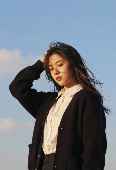 Young woman in black cardigan against blue sky with wind blowing hair