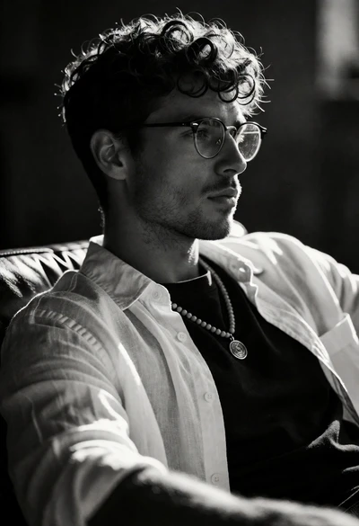 Black and white portrait of man in profile with rim light and