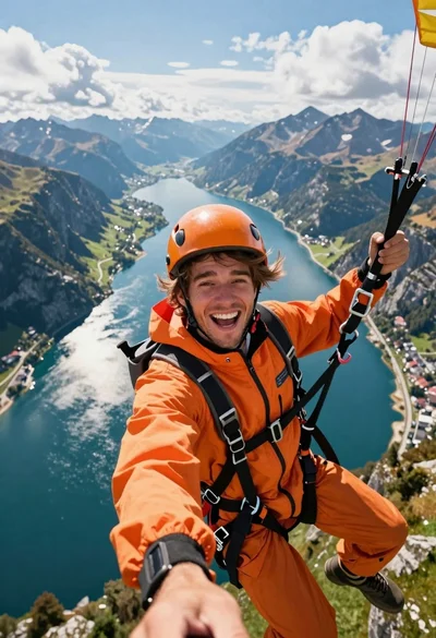 Smiling man taking a selfie while paragliding over mountains and lake