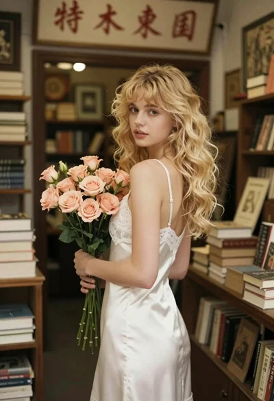 Fair skinned young woman with wavy blonde hair holding flowers in vintage