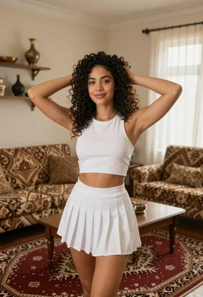 Young woman in white outfit living room setting