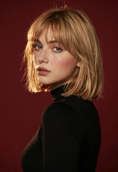 Studio portrait of blonde woman looking over shoulder