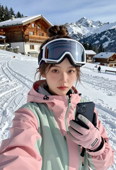 Young woman taking a selfie on snowy mountain slope near chalet