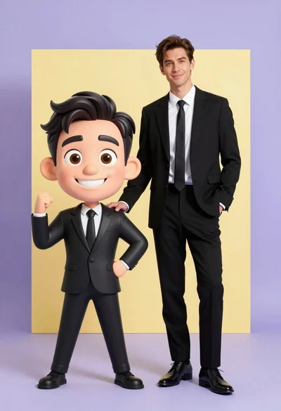 Photorealistic man next to large caricature in black suits studio setting