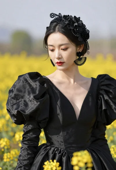 Portrait of woman with dark hair wearing black lace dress outdoors