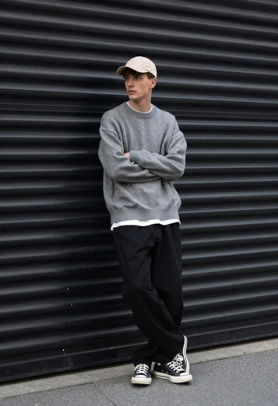 Young man in streetwear leaning against industrial garage door backdrop