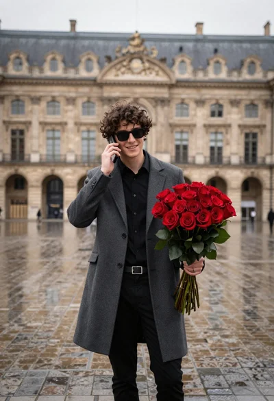 Young man in overcoat holding roses on wet european cobblestone street