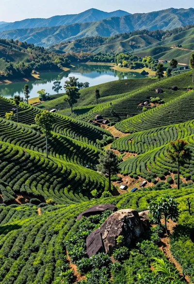 Aerial view of lush green tea plantations cascading down rolling hills to