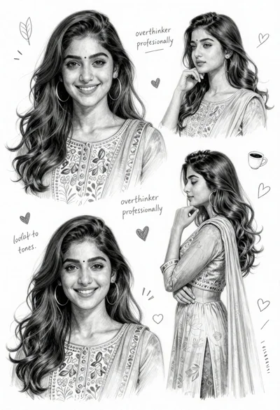 Detailed pencil sketch character sheet of young woman in traditional south asian
