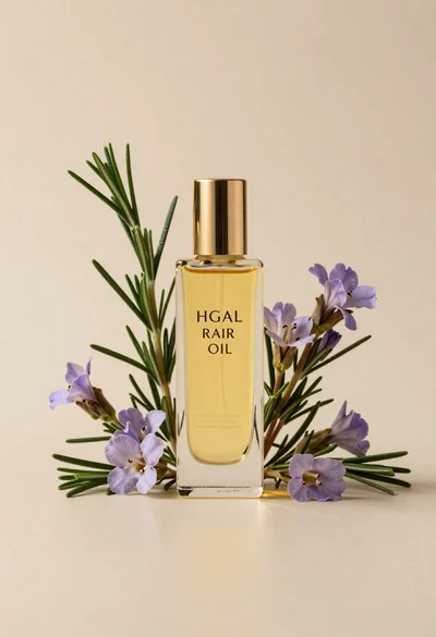 Glass bottle of oil with rosemary and purple flowers