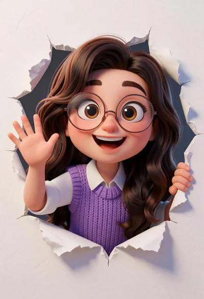 Cheerful cartoon girl peering through a jagged hole in a white wall