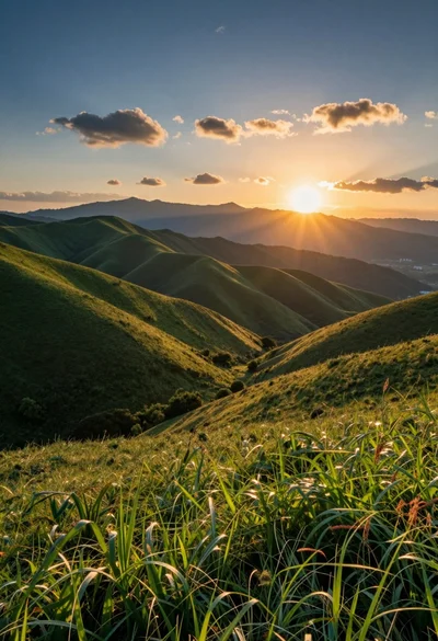 Vast landscape of rolling green hills under setting sun and mountains
