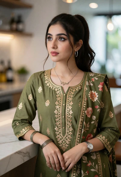 Young woman in olive green kurta against white marble countertop indoors