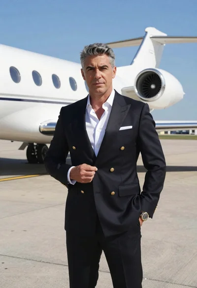 Middle aged man in suit on airport tarmac with private jet