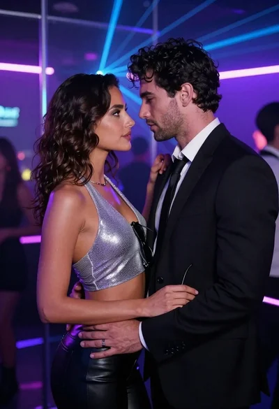 Man and woman in formal wear standing close together in a nightclub