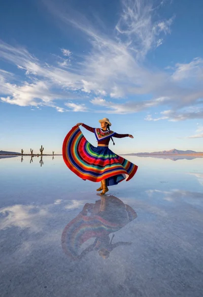 Nomadic woman dancer spinning on salar de uyuni mirror surface