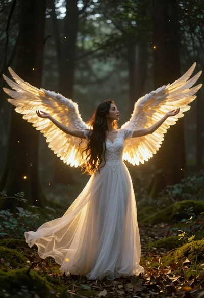 Angelic figure in white gown standing in mystical glowing forest clearing