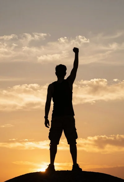 Silhouette of man standing on hill with raised fist against vibrant sunset