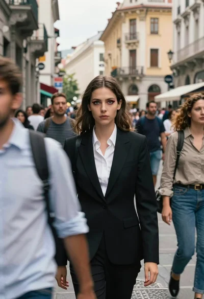 Woman in business attire on a busy european street