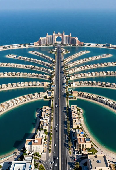 Aerial view of palm jumeirah artificial island dubai highway and resort