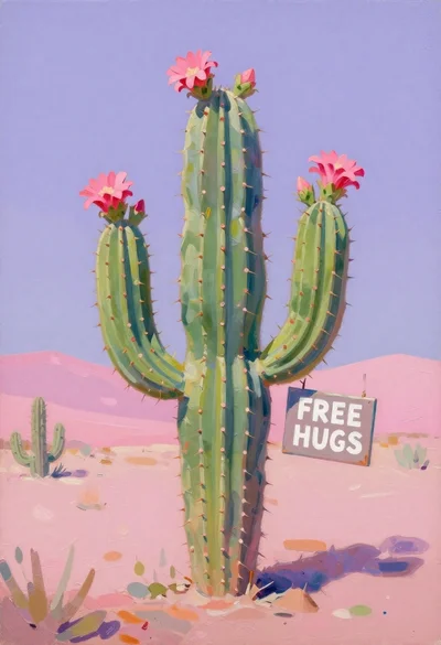 Oil painting of cheerful cactus in pastel desert landscape