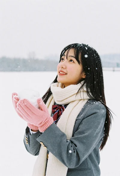 Young woman in grey blazer holding snowball in snowy field
