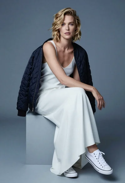 Fair blonde woman in slip dress seated in minimalist studio setting