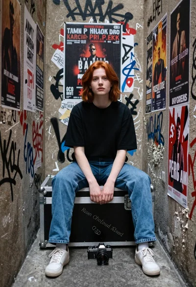 Young woman with red hair sitting in graffiti covered narrow alleyway