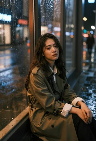 Sad young woman in trench coat leaning against glass door at night