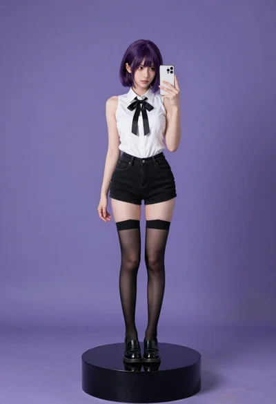 Young woman in white shirt and black shorts taking mirror selfie