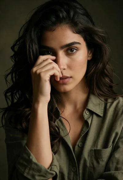 Close up portrait of woman with dark wavy hair covering face in