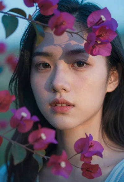 Double exposure portrait of woman with floral overlays