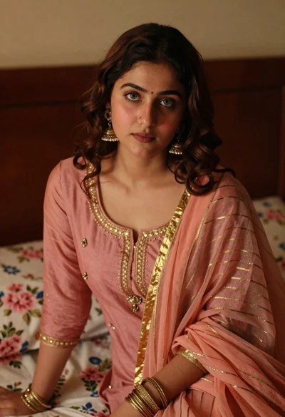 Young woman with wavy brown hair in traditional attire sitting indoors