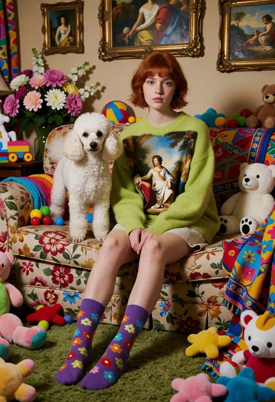Young woman with red hair sitting on floral sofa in eclectic room