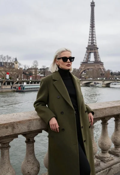 Stylish woman in olive coat leaning on bridge railing with eiffel tower