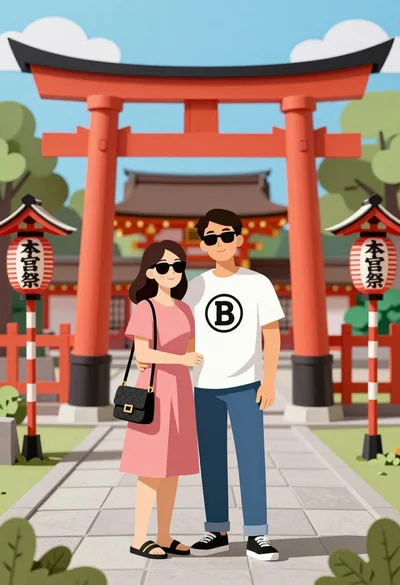 Couple embracing near large red torii gate at japanese shrine cutout style