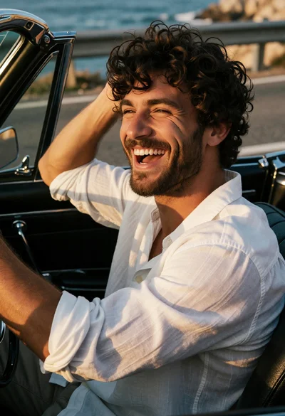 Joyful man laughing while driving vintage convertible by blue ocean coast