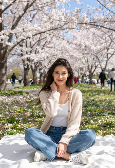 Young woman in beige cardigan sitting on blanket under cherry blossoms