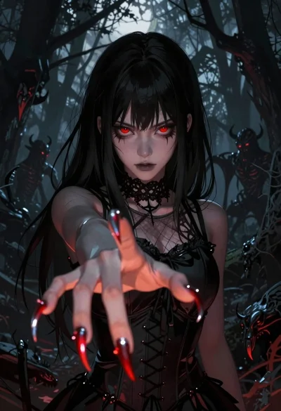 Girl with red eyes extending metallic claw in dark forest