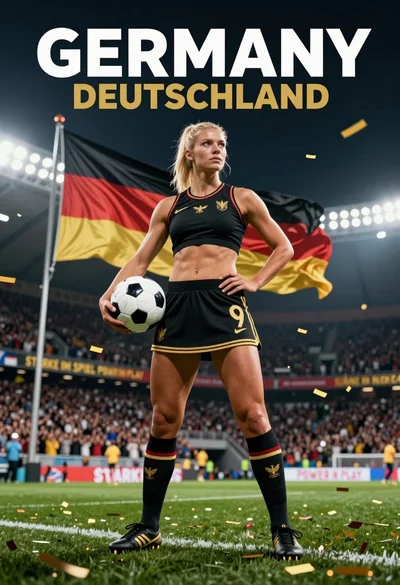 Fit blonde athlete in black uniform standing on green pitch with soccer