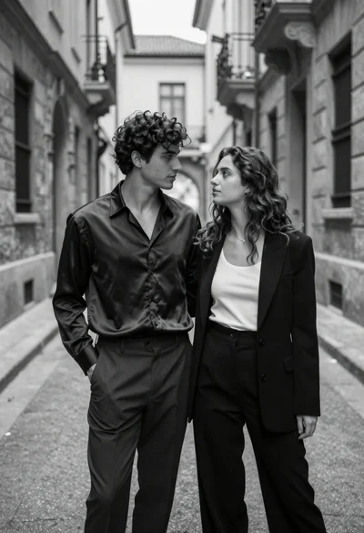 Black and white portrait of stylish couple in narrow european alleyway