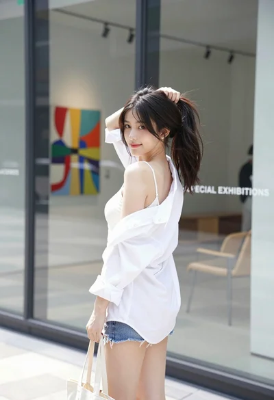 Young woman in white shirt and denim shorts outside modern glass building