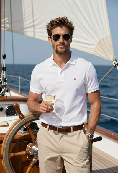 Handsome man on yacht deck holding wine glass overlooking blue ocean